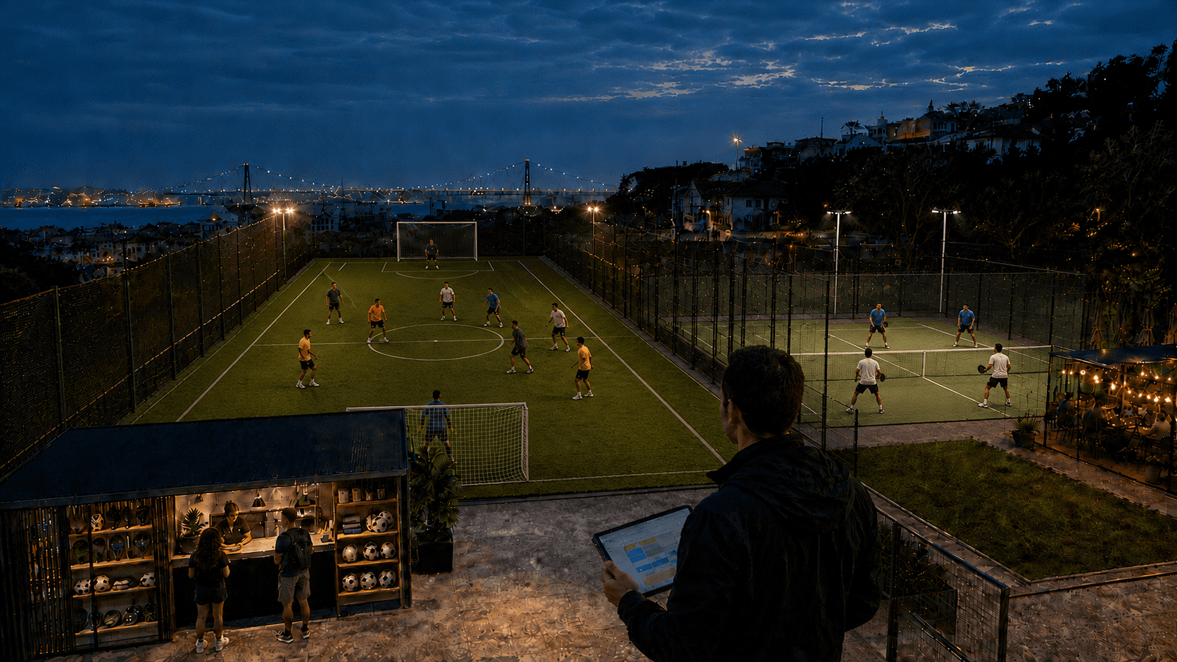 Gestora de um espaço desportivo consulta um tablet junto a campos de futebol e padel com jogadores