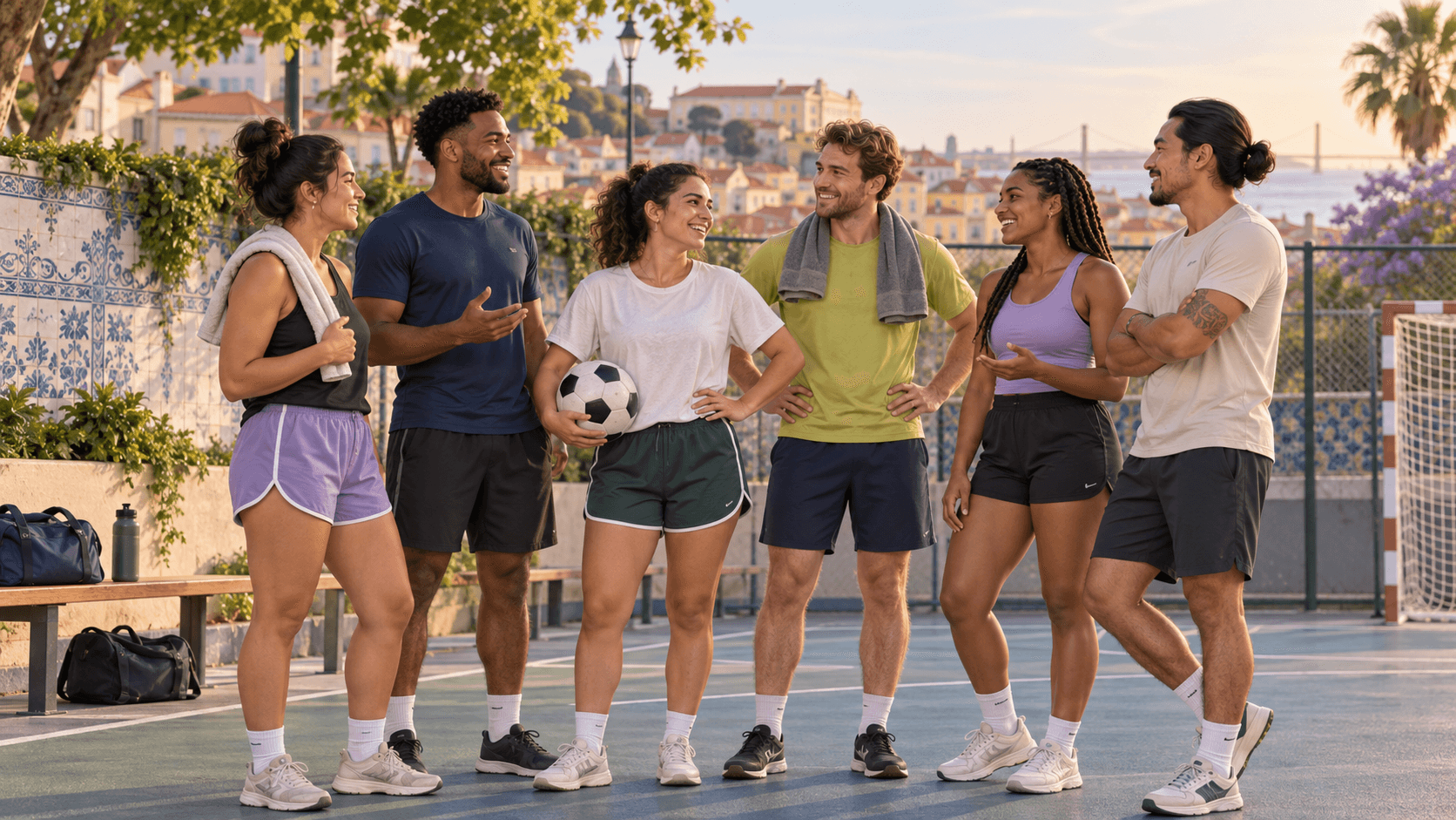 Grupo diverso de adultos conversa depois de um jogo de futebol num campo urbano em Lisboa