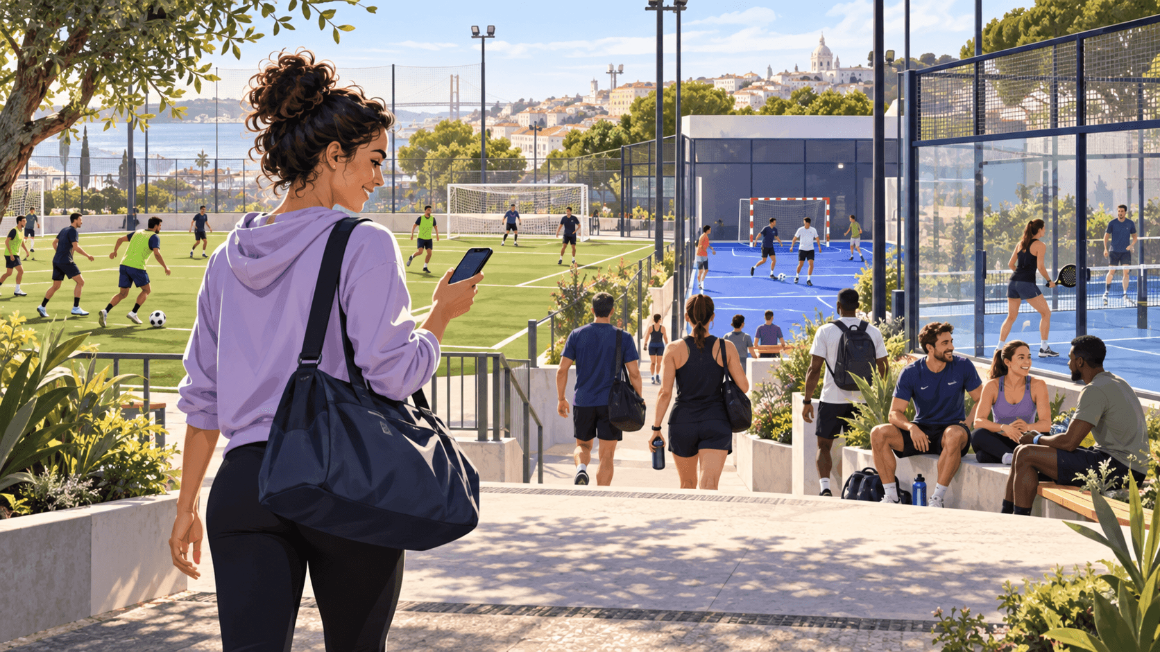 Jogadora chega a um complexo com jogos de futebol, futsal e padel em curso