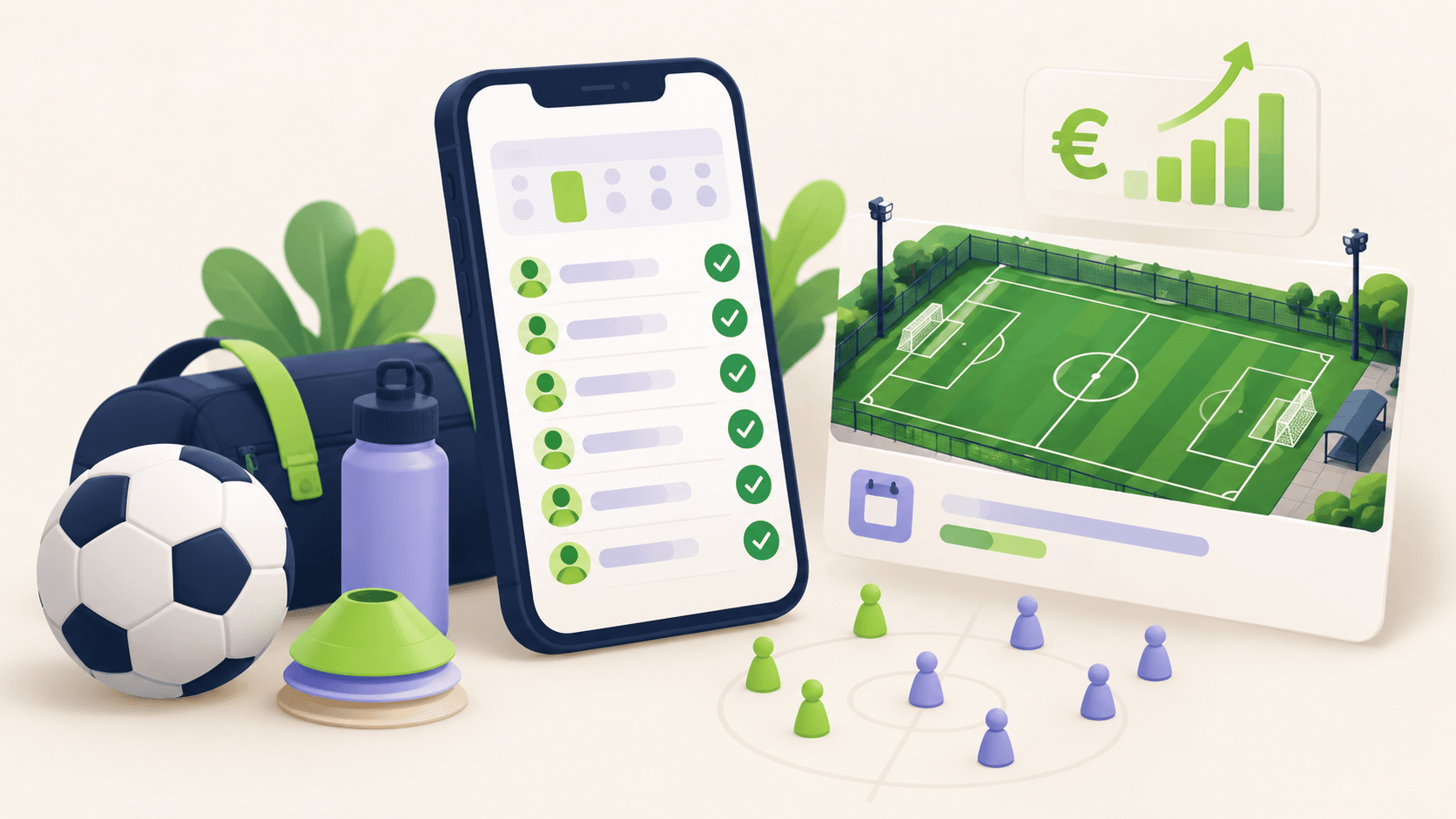 Ilustração de uma aplicação com lugares preenchidos, um campo de futebol reservado e um indicador de receita para organizar jogos colectivos